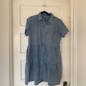 Given Kale Denim Button-Front Short-Sleeve Tiered Dress - Light Blue L